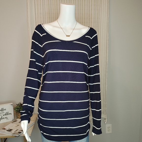 ROSIE POPE Navy Striped Ruched Maternity Top, Navy/ White XL - Picture 4 of 14